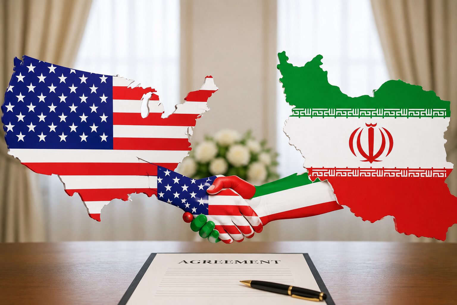 アメリカ国旗とイラン国旗がそれぞれの国の形をかたどって向かい合っている様子。米国とイランの合意・交渉を象徴するイラスト。