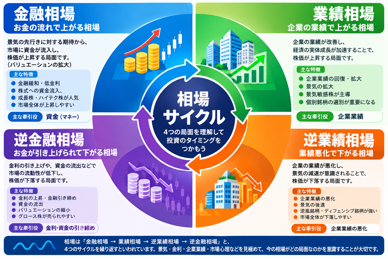 相場サイクルの4つの局面（金融相場・業績相場・逆金融相場・逆業績相場）を円形に配置した図解